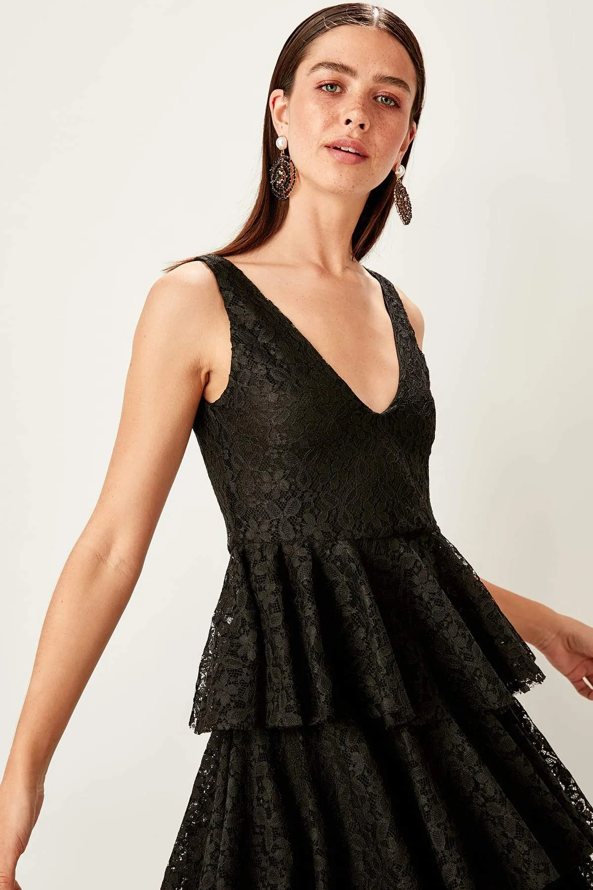 10897 Black Tiered Midi Lace Dress