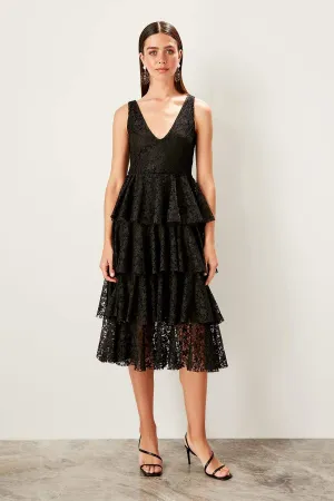 10897 Black Tiered Midi Lace Dress