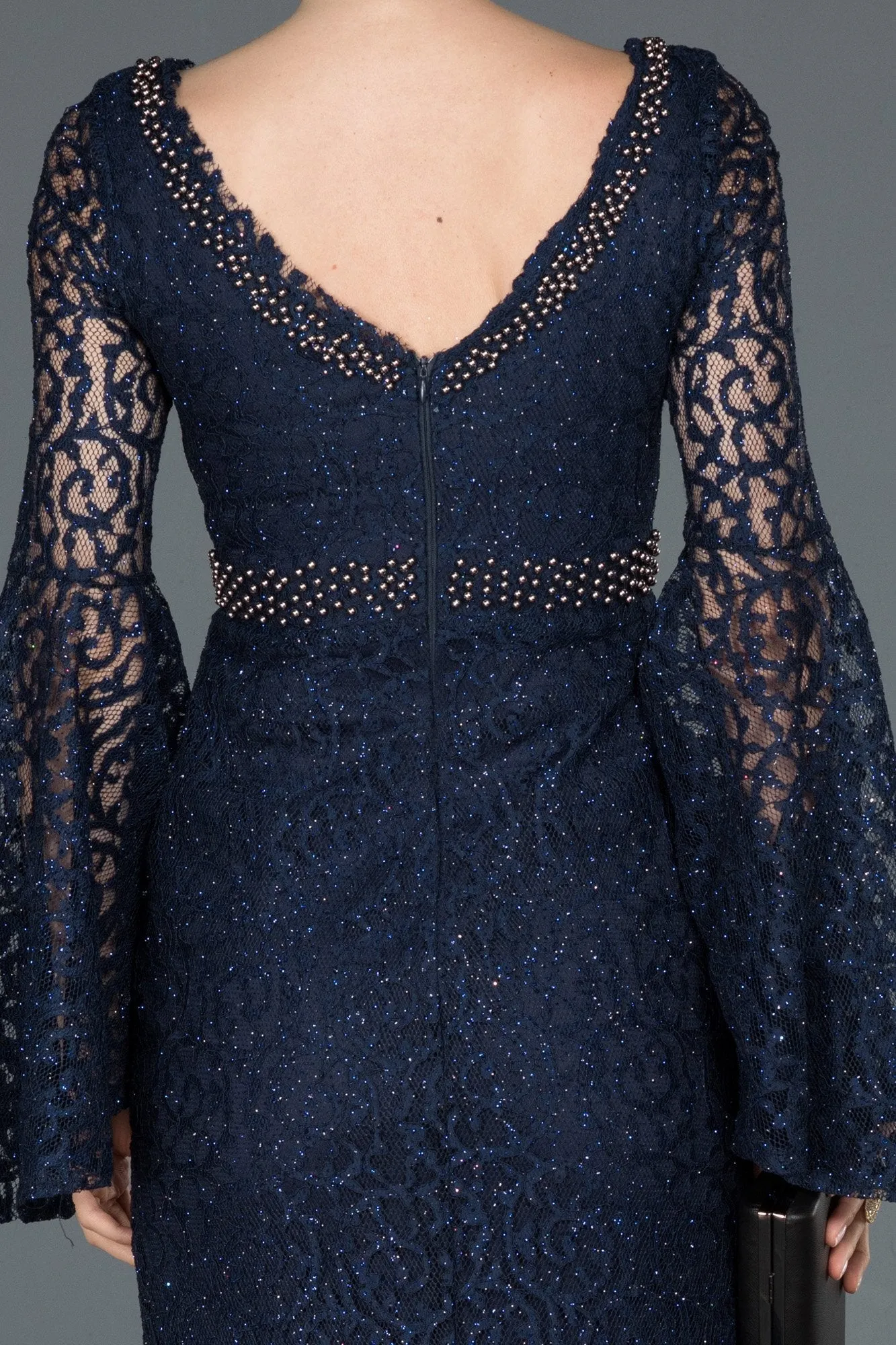 15977 Navy Blue Lace Tulle Evening Dress