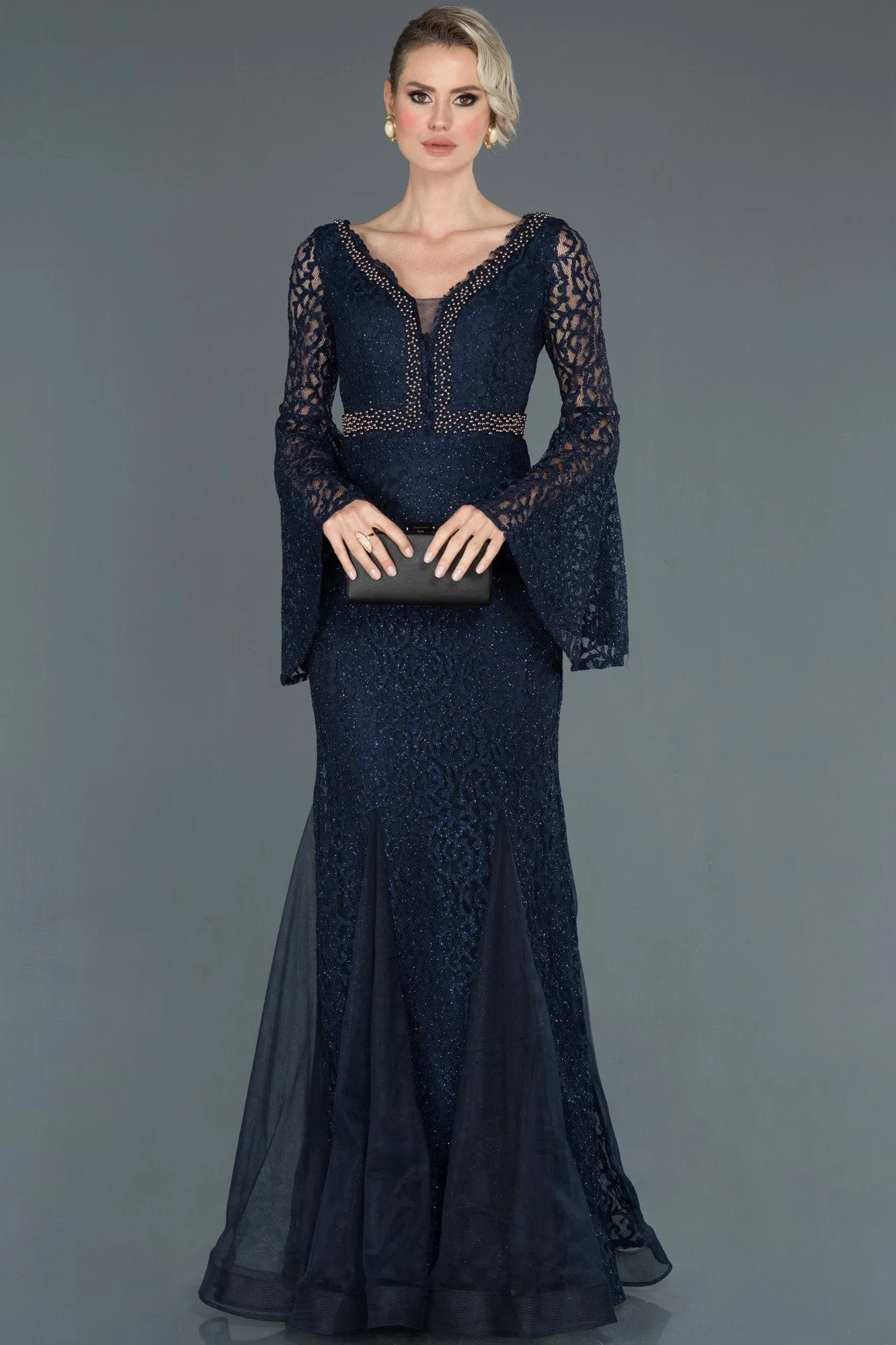 15977 Navy Blue Lace Tulle Evening Dress