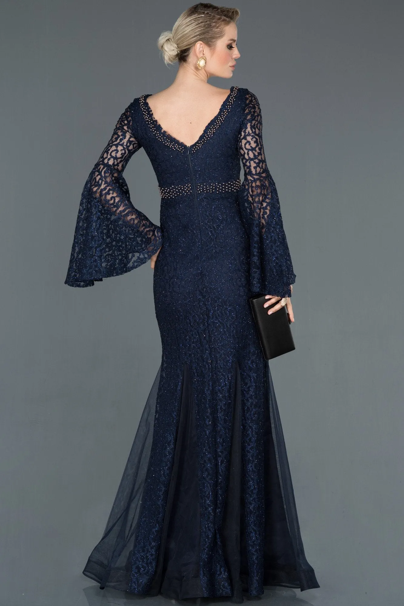 15977 Navy Blue Lace Tulle Evening Dress