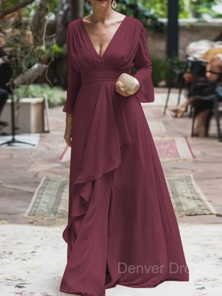 A-Line V-neck Floor-Length Chiffon Mother of the Bride Dresses With Ruffles