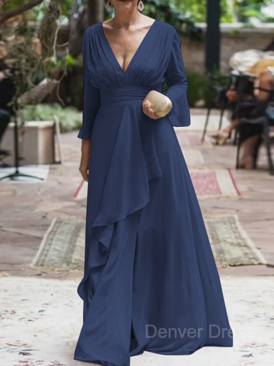 A-Line V-neck Floor-Length Chiffon Mother of the Bride Dresses With Ruffles