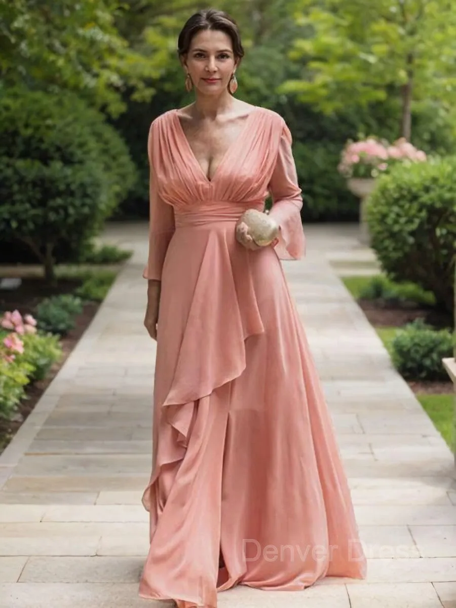 A-Line V-neck Floor-Length Chiffon Mother of the Bride Dresses With Ruffles