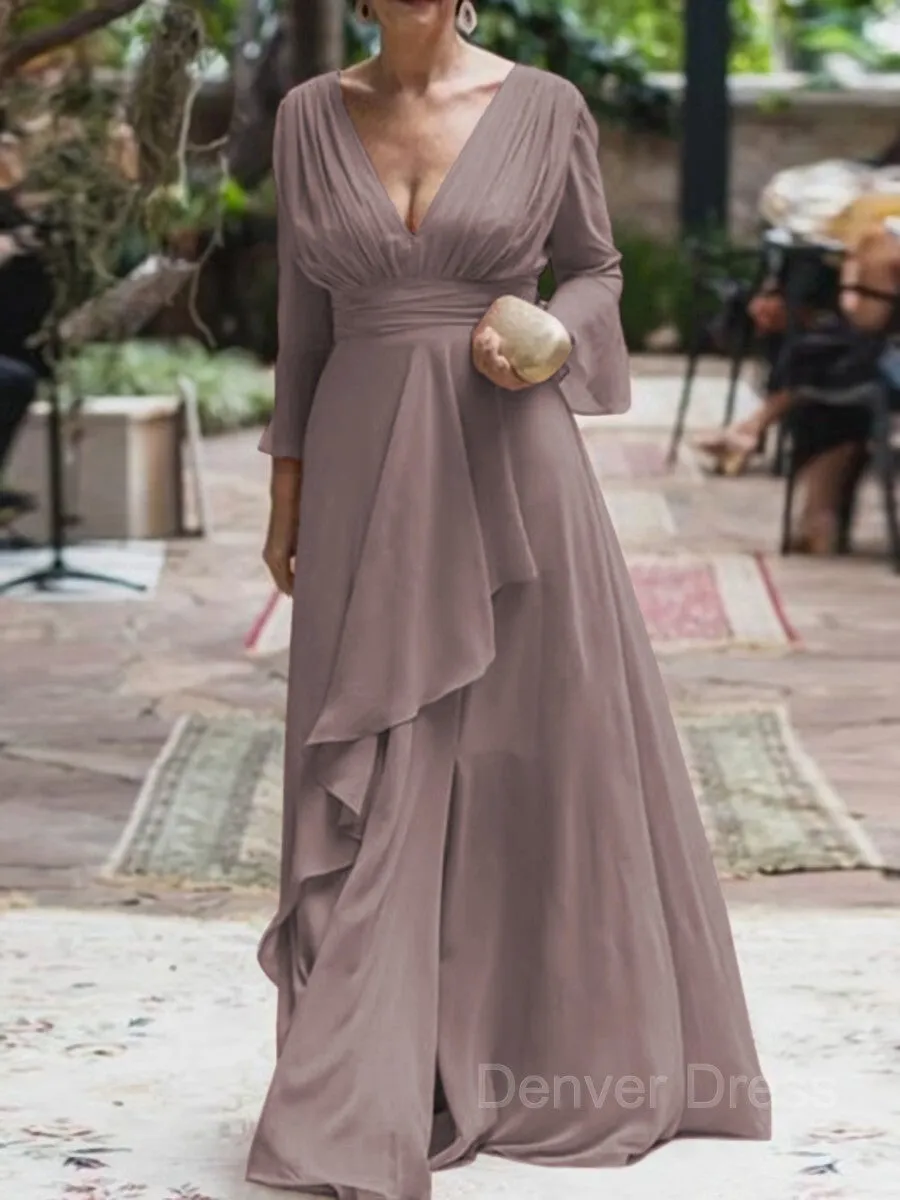 A-Line V-neck Floor-Length Chiffon Mother of the Bride Dresses With Ruffles