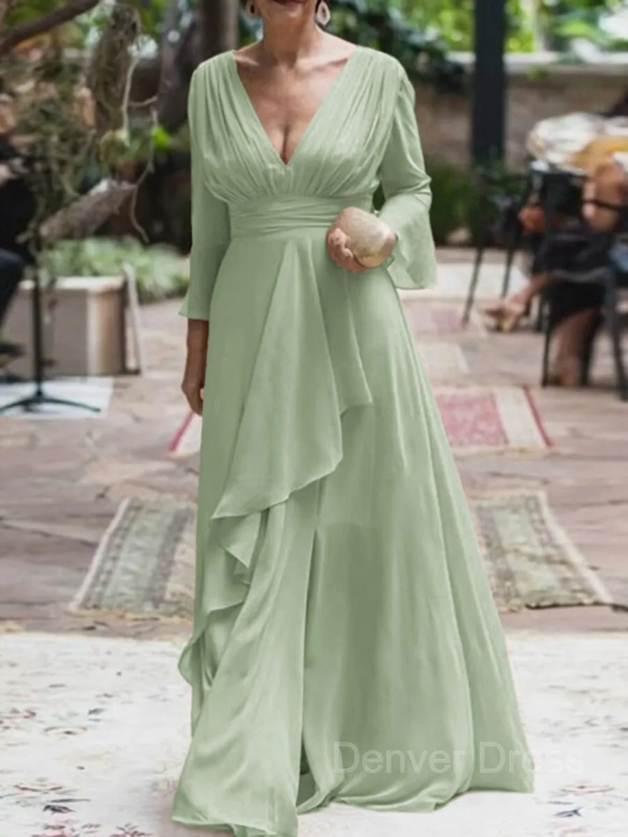 A-Line V-neck Floor-Length Chiffon Mother of the Bride Dresses With Ruffles