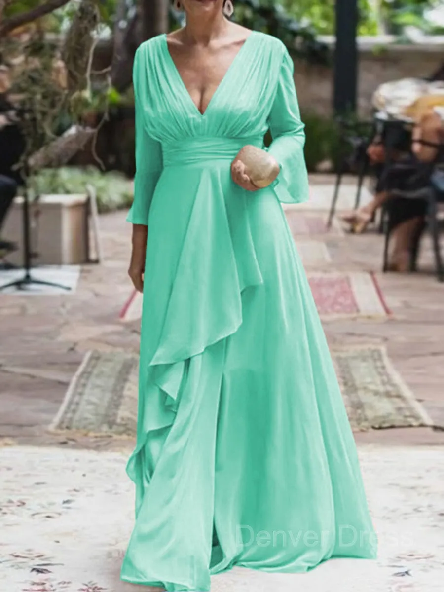 A-Line V-neck Floor-Length Chiffon Mother of the Bride Dresses With Ruffles