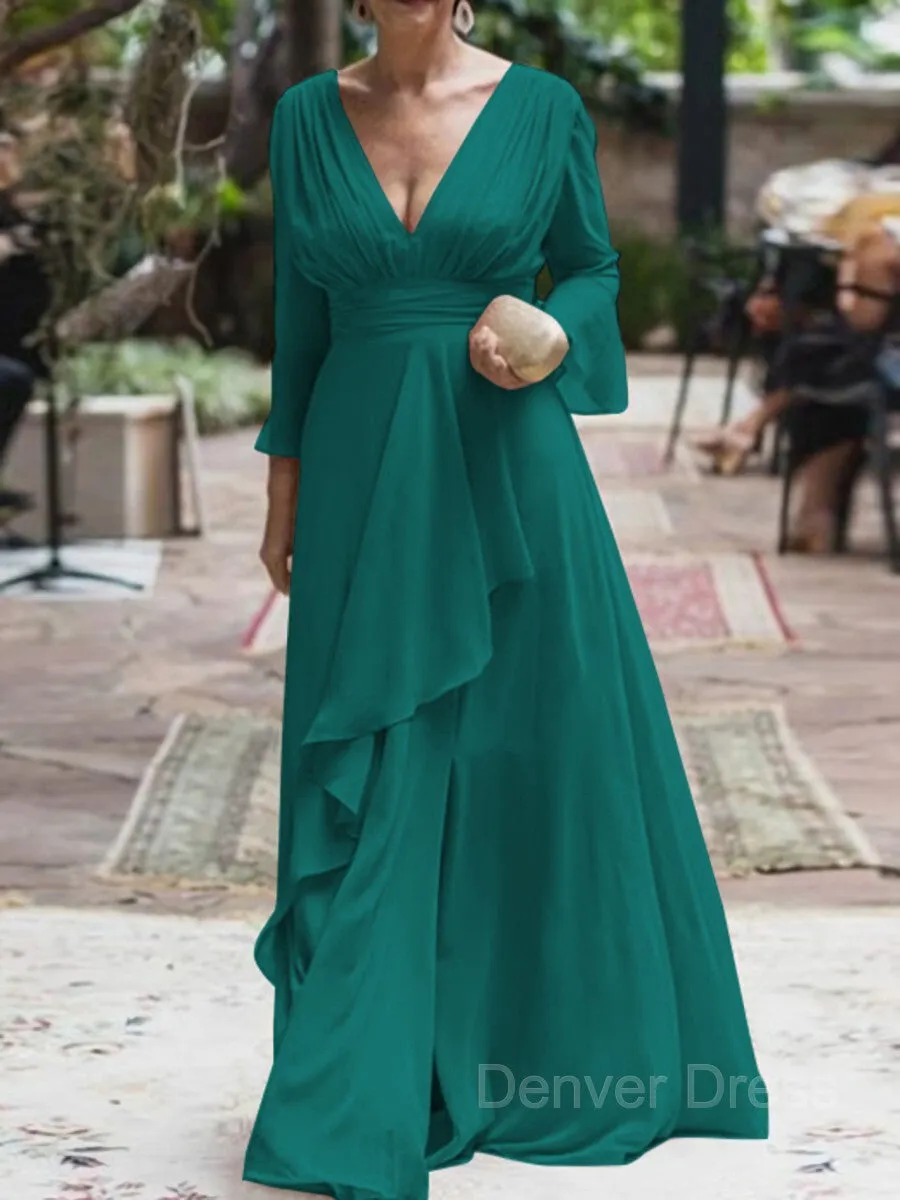 A-Line V-neck Floor-Length Chiffon Mother of the Bride Dresses With Ruffles