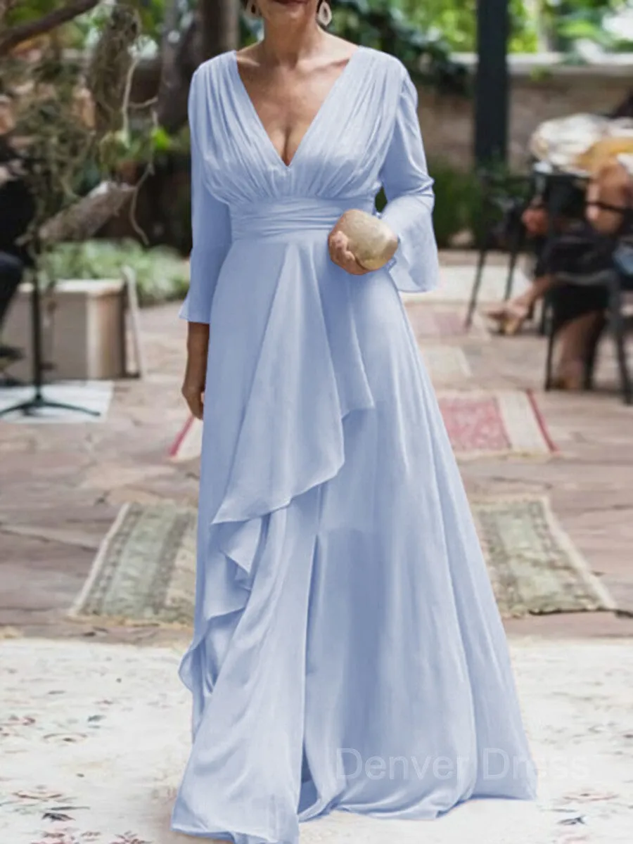 A-Line V-neck Floor-Length Chiffon Mother of the Bride Dresses With Ruffles