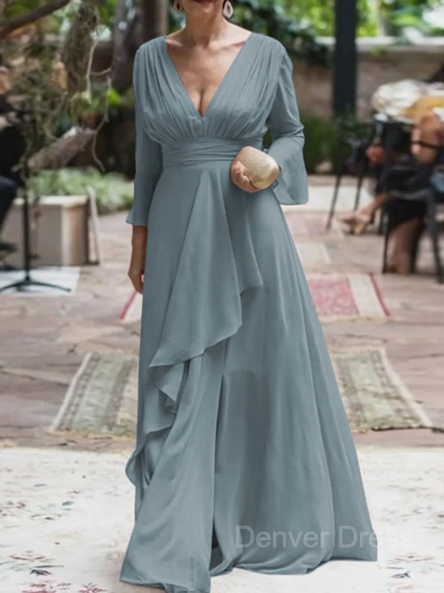 A-Line V-neck Floor-Length Chiffon Mother of the Bride Dresses With Ruffles