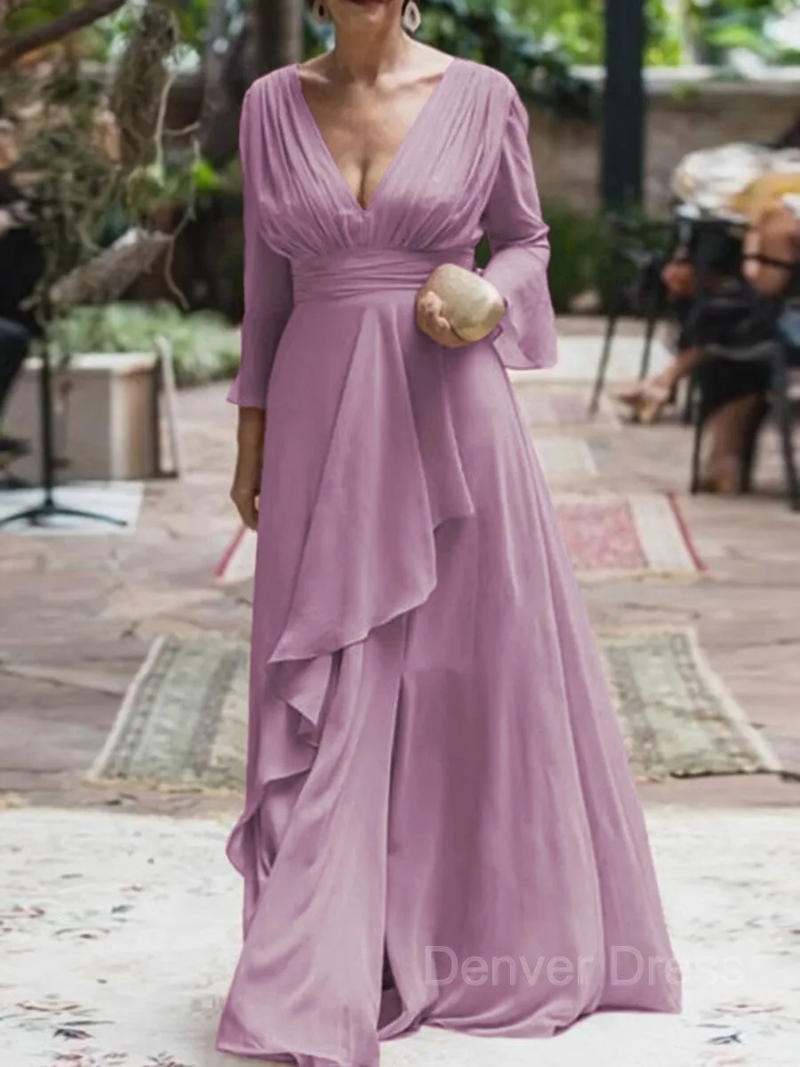 A-Line V-neck Floor-Length Chiffon Mother of the Bride Dresses With Ruffles