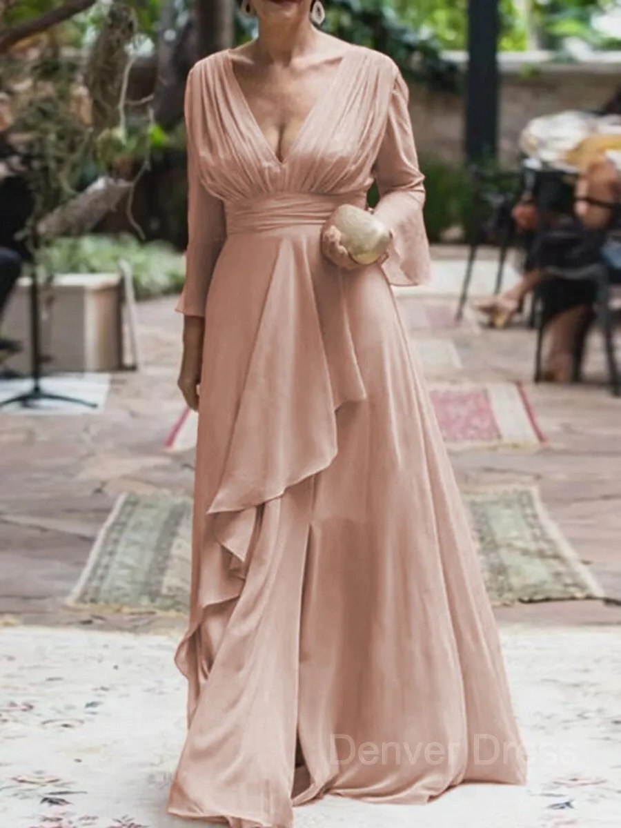 A-Line V-neck Floor-Length Chiffon Mother of the Bride Dresses With Ruffles