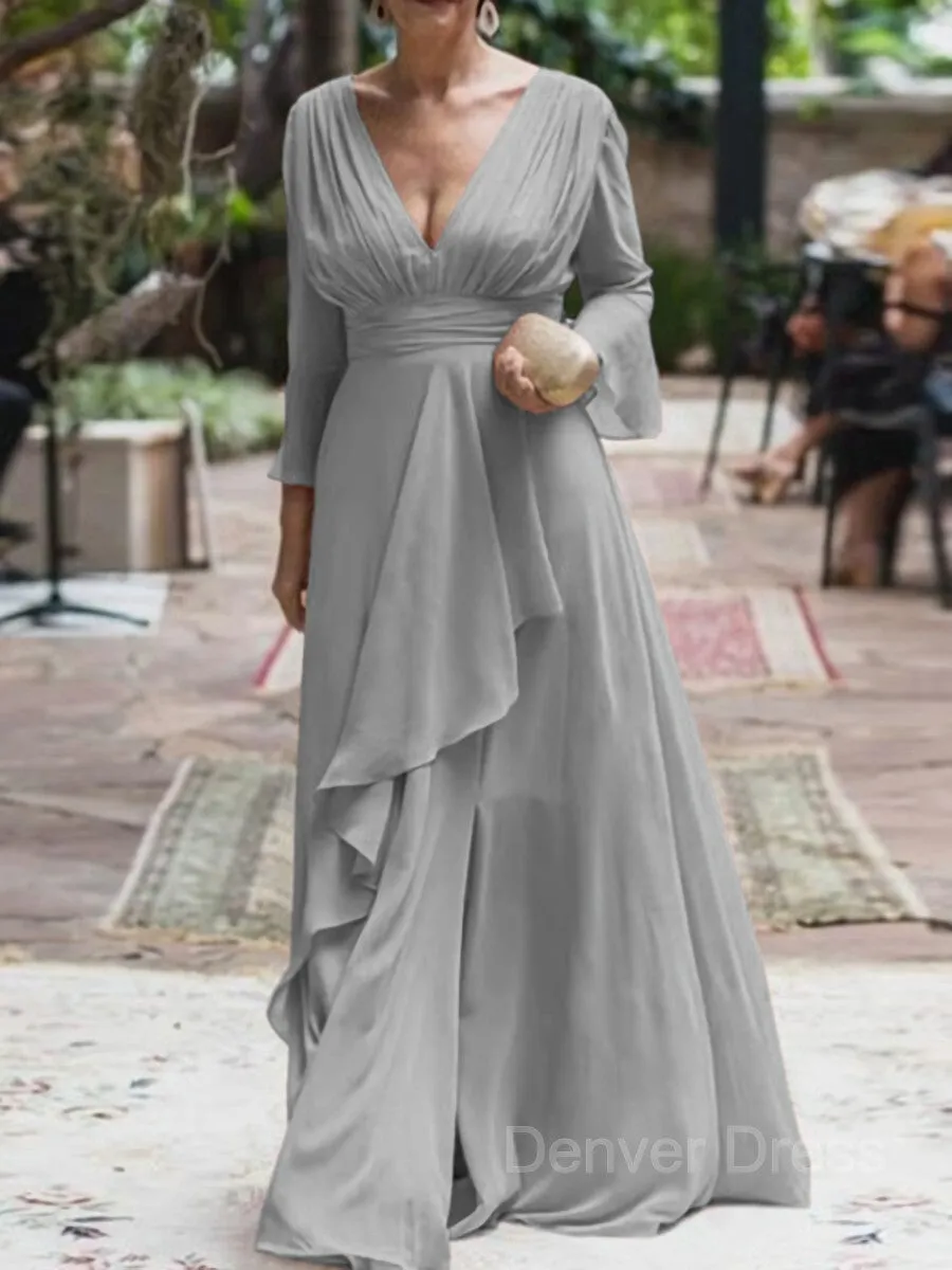 A-Line V-neck Floor-Length Chiffon Mother of the Bride Dresses With Ruffles