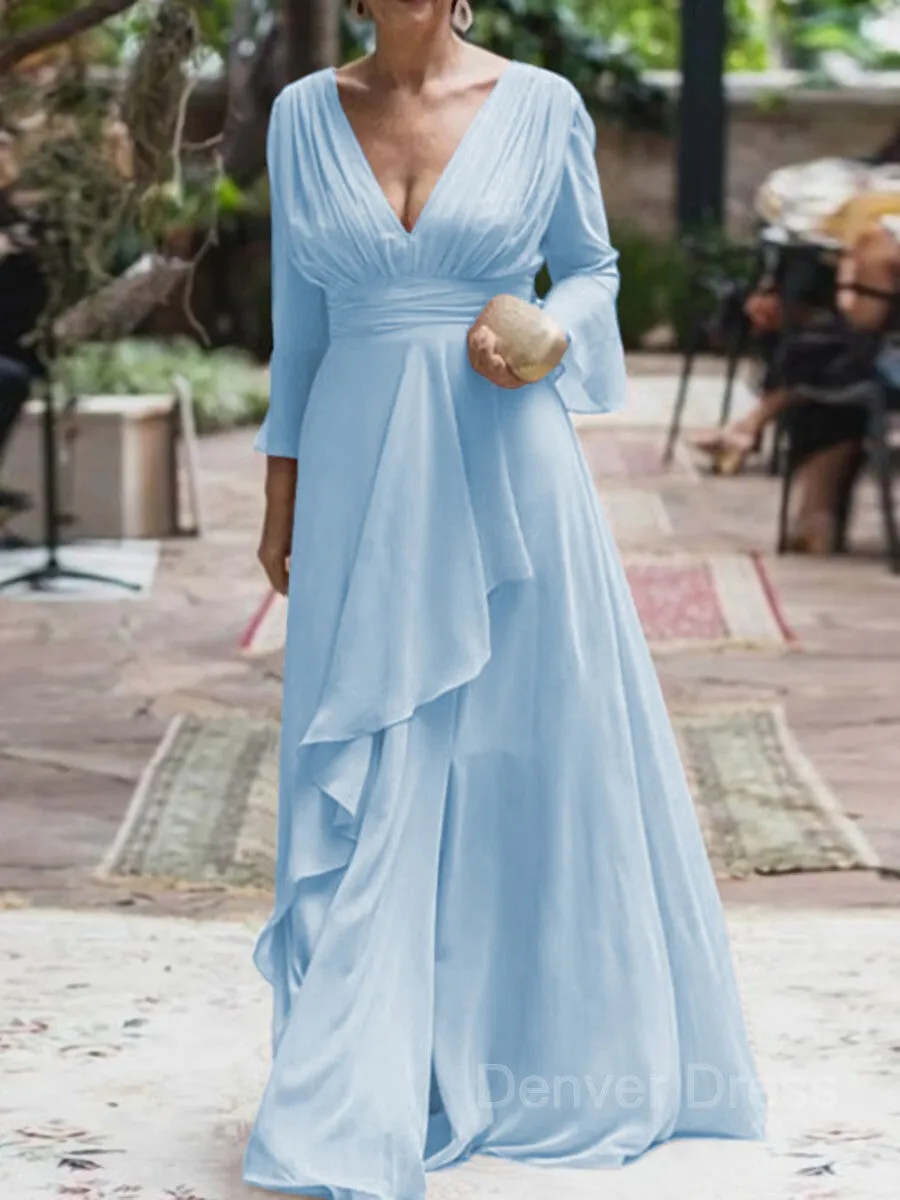 A-Line V-neck Floor-Length Chiffon Mother of the Bride Dresses With Ruffles