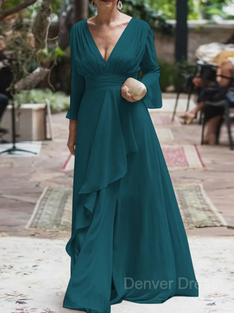 A-Line V-neck Floor-Length Chiffon Mother of the Bride Dresses With Ruffles