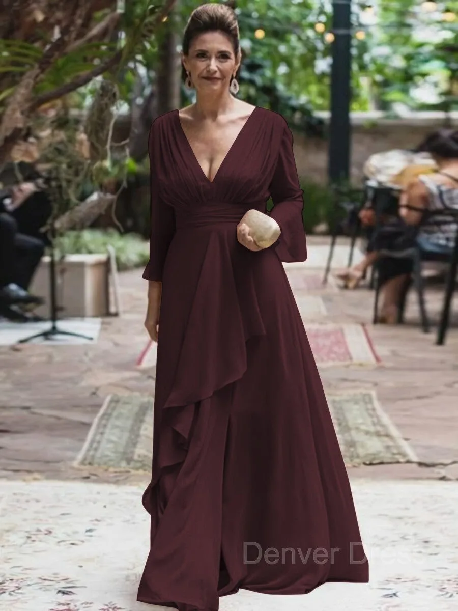 A-Line V-neck Floor-Length Chiffon Mother of the Bride Dresses With Ruffles