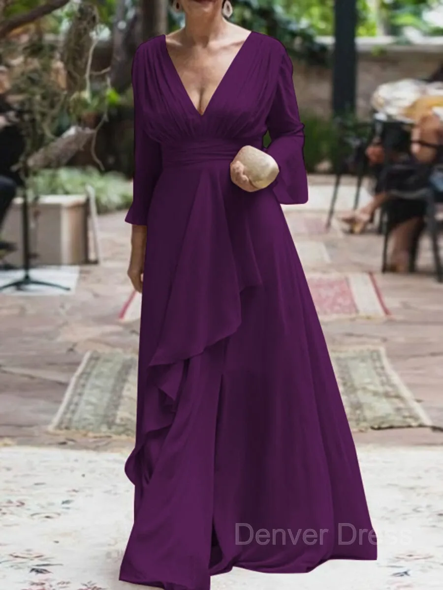 A-Line V-neck Floor-Length Chiffon Mother of the Bride Dresses With Ruffles