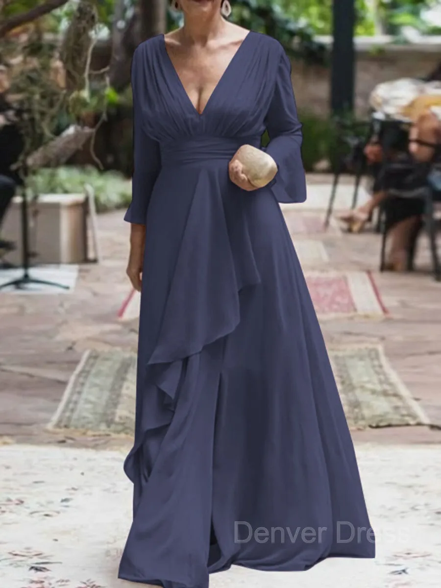 A-Line V-neck Floor-Length Chiffon Mother of the Bride Dresses With Ruffles