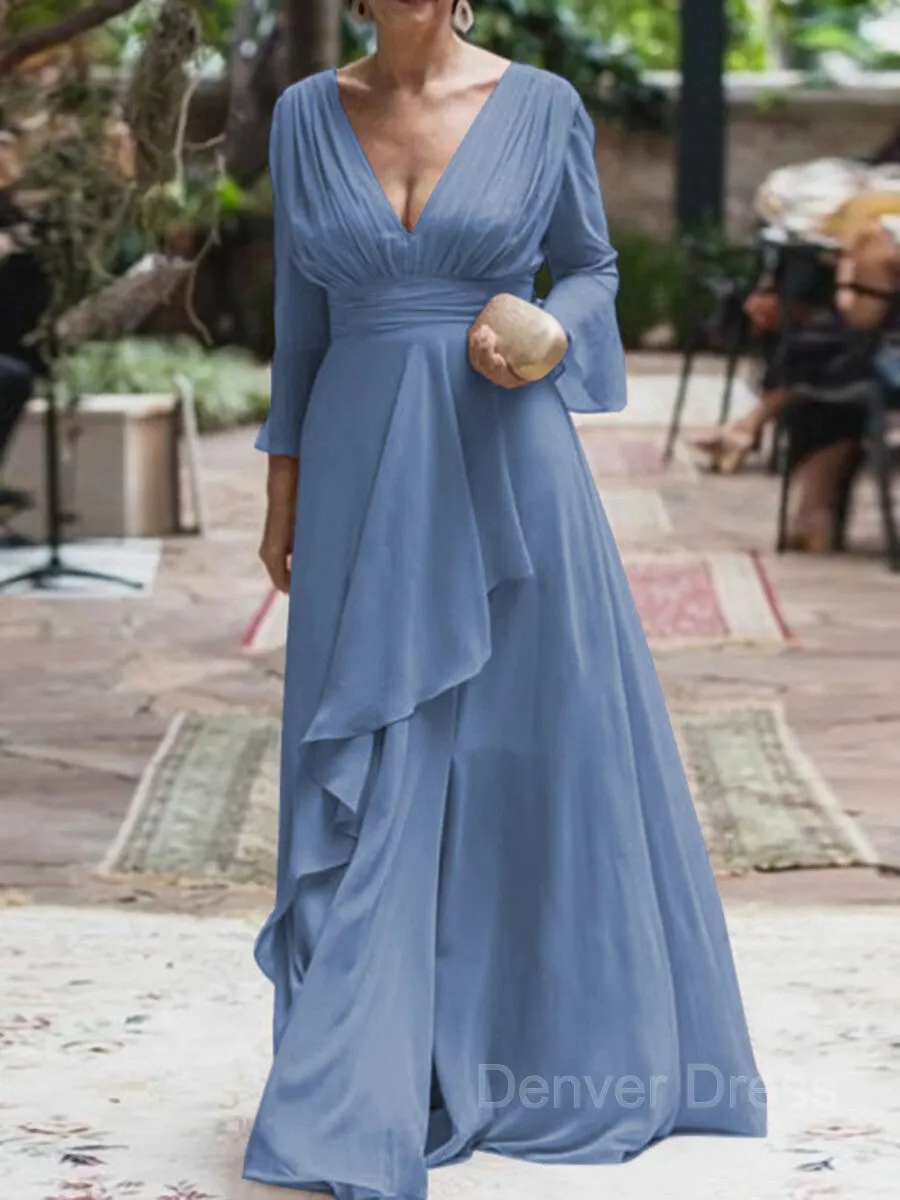 A-Line V-neck Floor-Length Chiffon Mother of the Bride Dresses With Ruffles