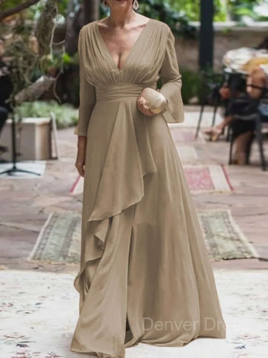 A-Line V-neck Floor-Length Chiffon Mother of the Bride Dresses With Ruffles