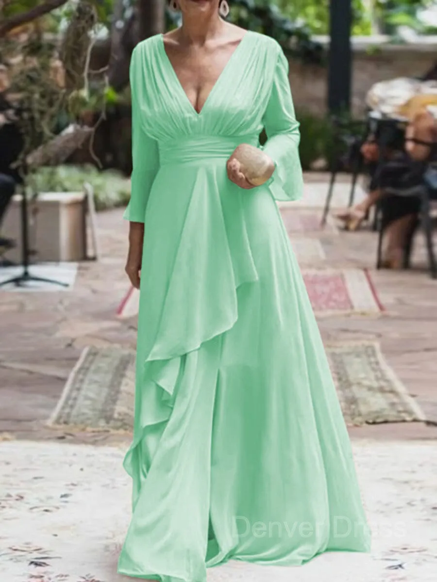 A-Line V-neck Floor-Length Chiffon Mother of the Bride Dresses With Ruffles