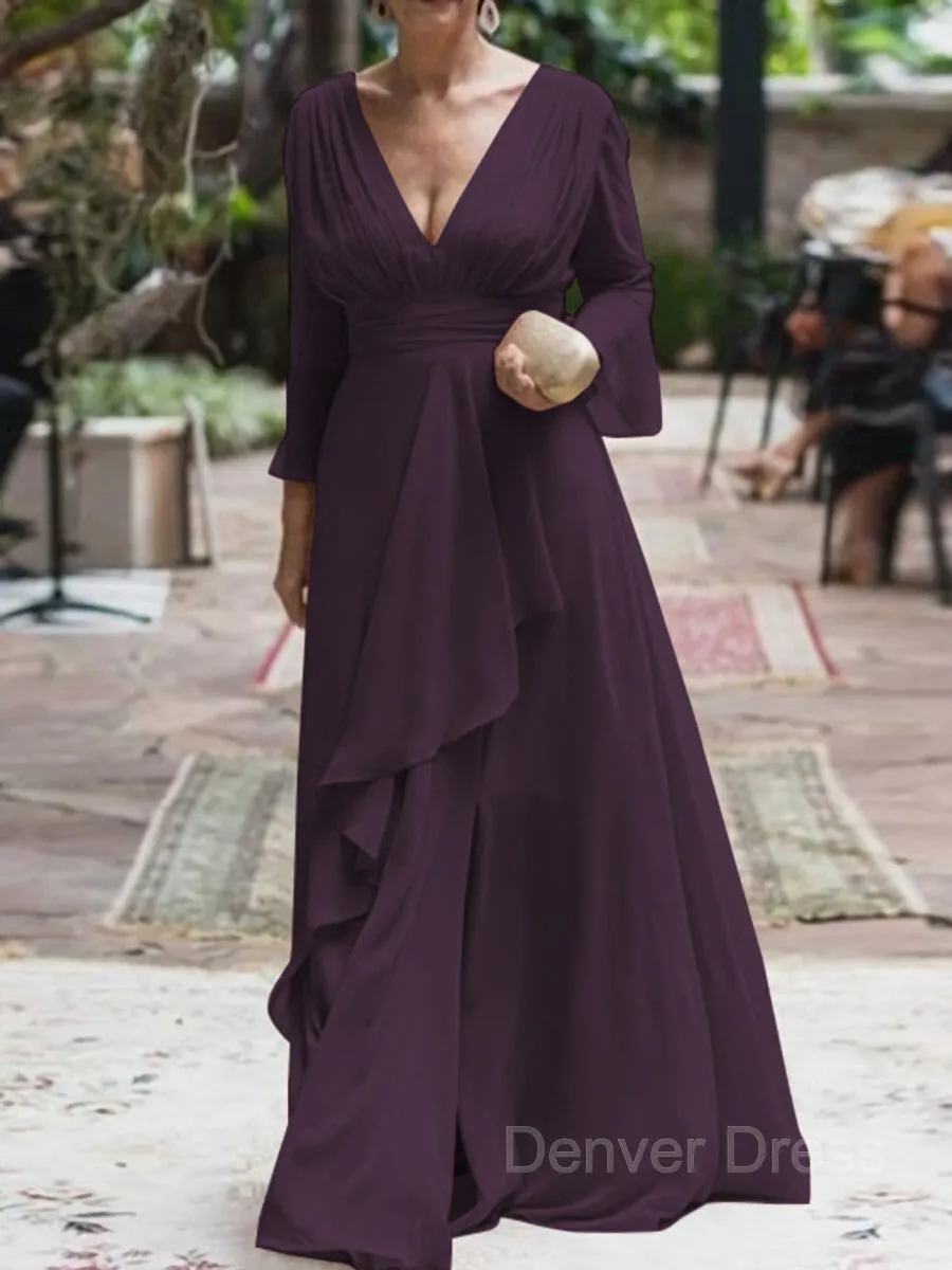 A-Line V-neck Floor-Length Chiffon Mother of the Bride Dresses With Ruffles