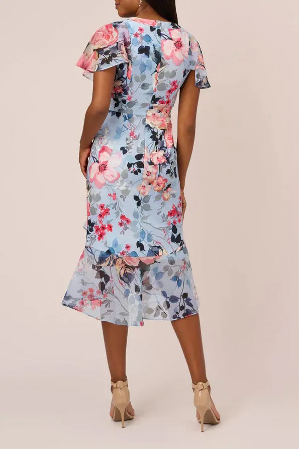 Adrianna Papell surplice neck flutter bell sleeve cascading ruffle side floral print chiffon dress