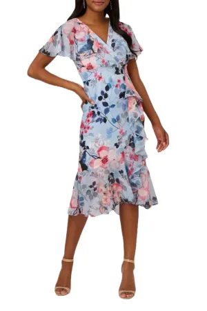 Adrianna Papell surplice neck flutter bell sleeve cascading ruffle side floral print chiffon dress