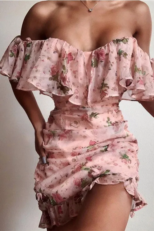 Applique Off Shoulder Ruffled Chiffon Dress