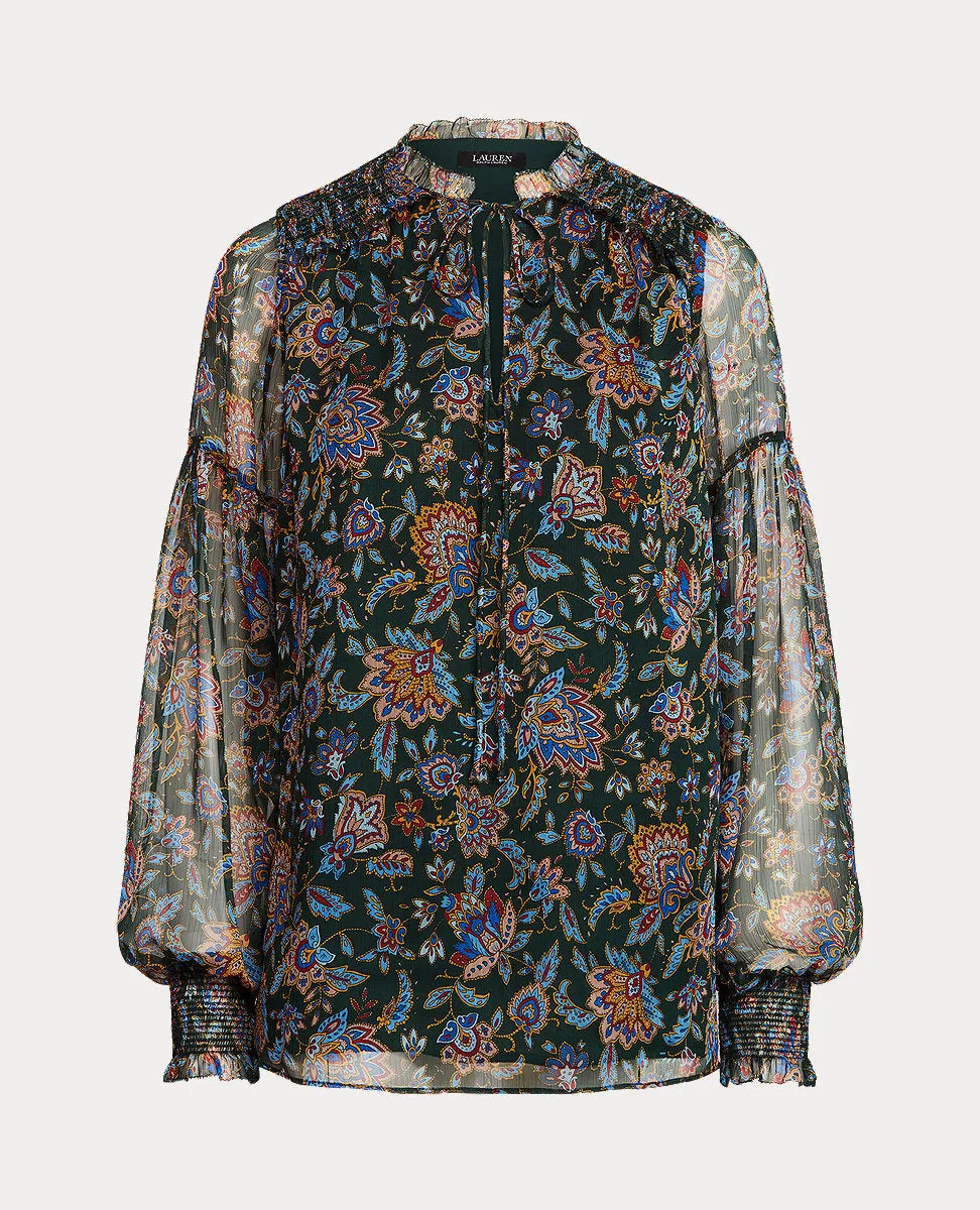 Ascot-Print Georgette Blouse In Dark Green Multi