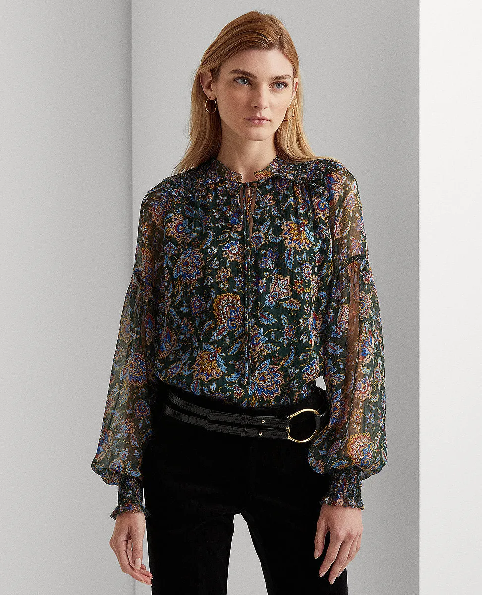 Ascot-Print Georgette Blouse In Dark Green Multi