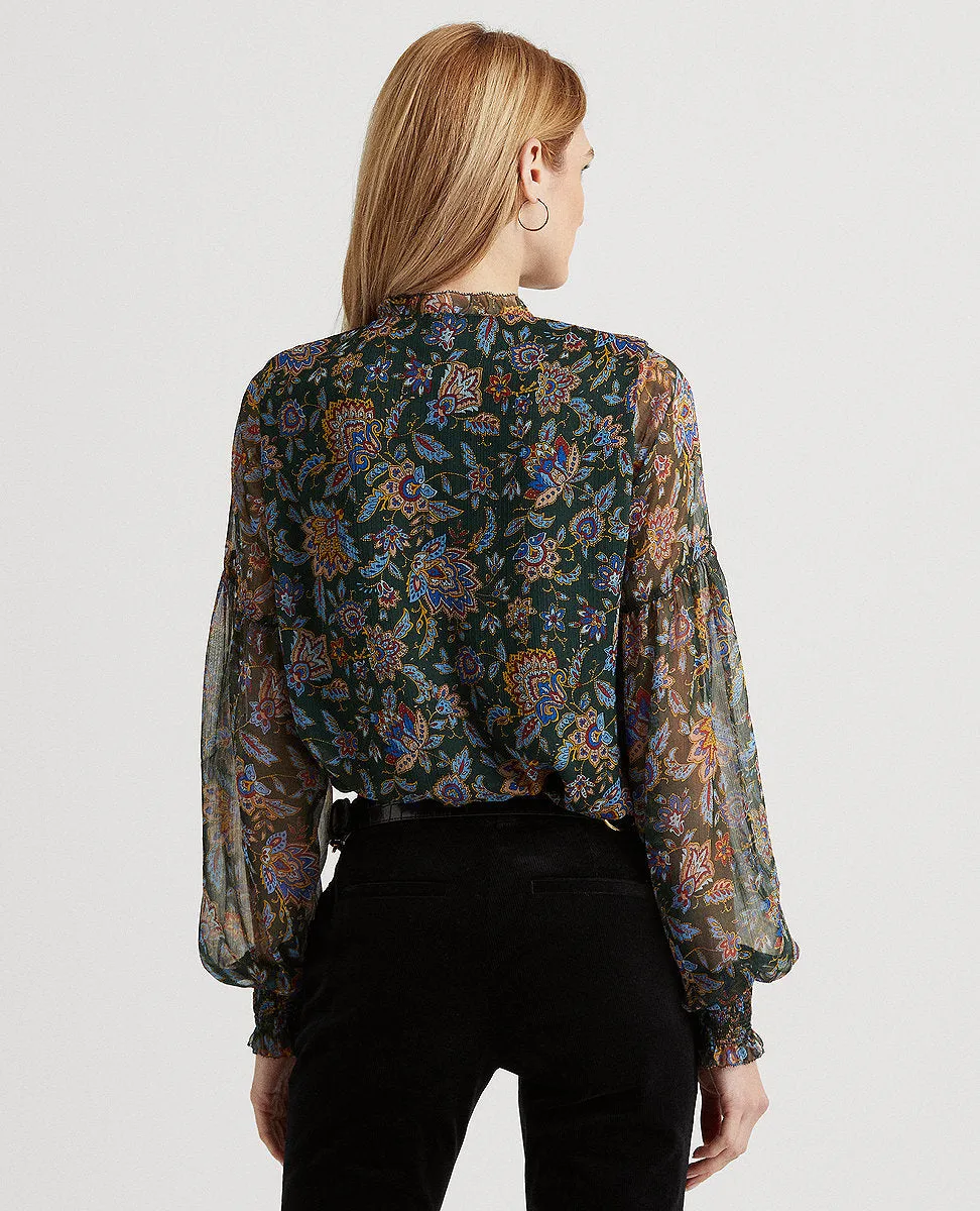 Ascot-Print Georgette Blouse In Dark Green Multi