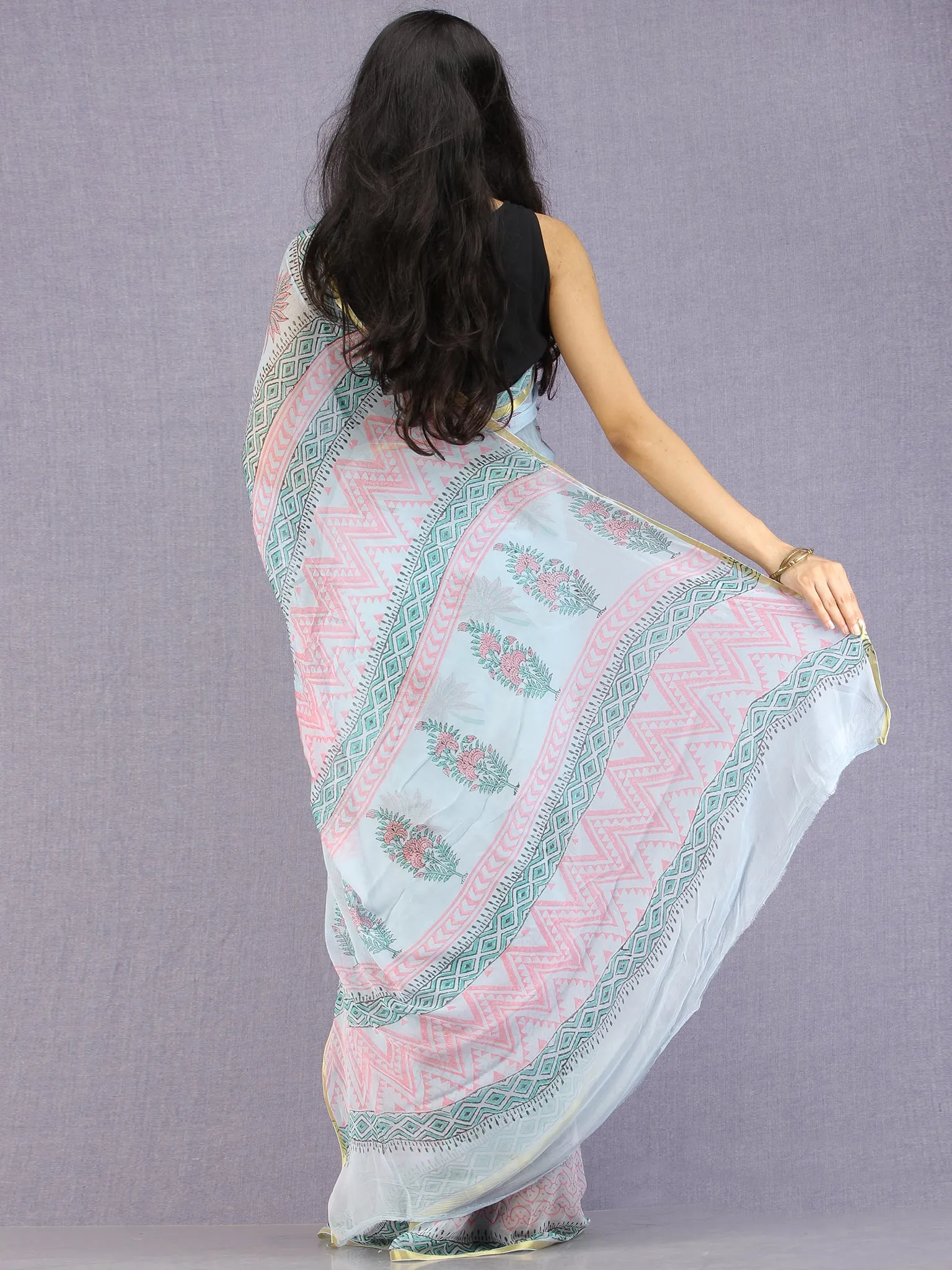 Baby Blue Pink Green Hand Block Printed Chiffon Saree with Zari Border - S031704594