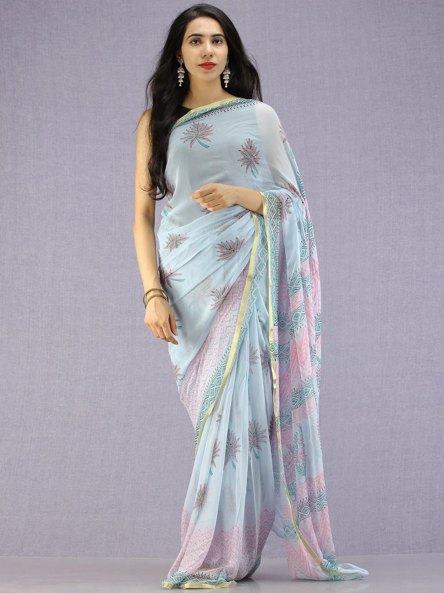 Baby Blue Pink Green Hand Block Printed Chiffon Saree with Zari Border - S031704594