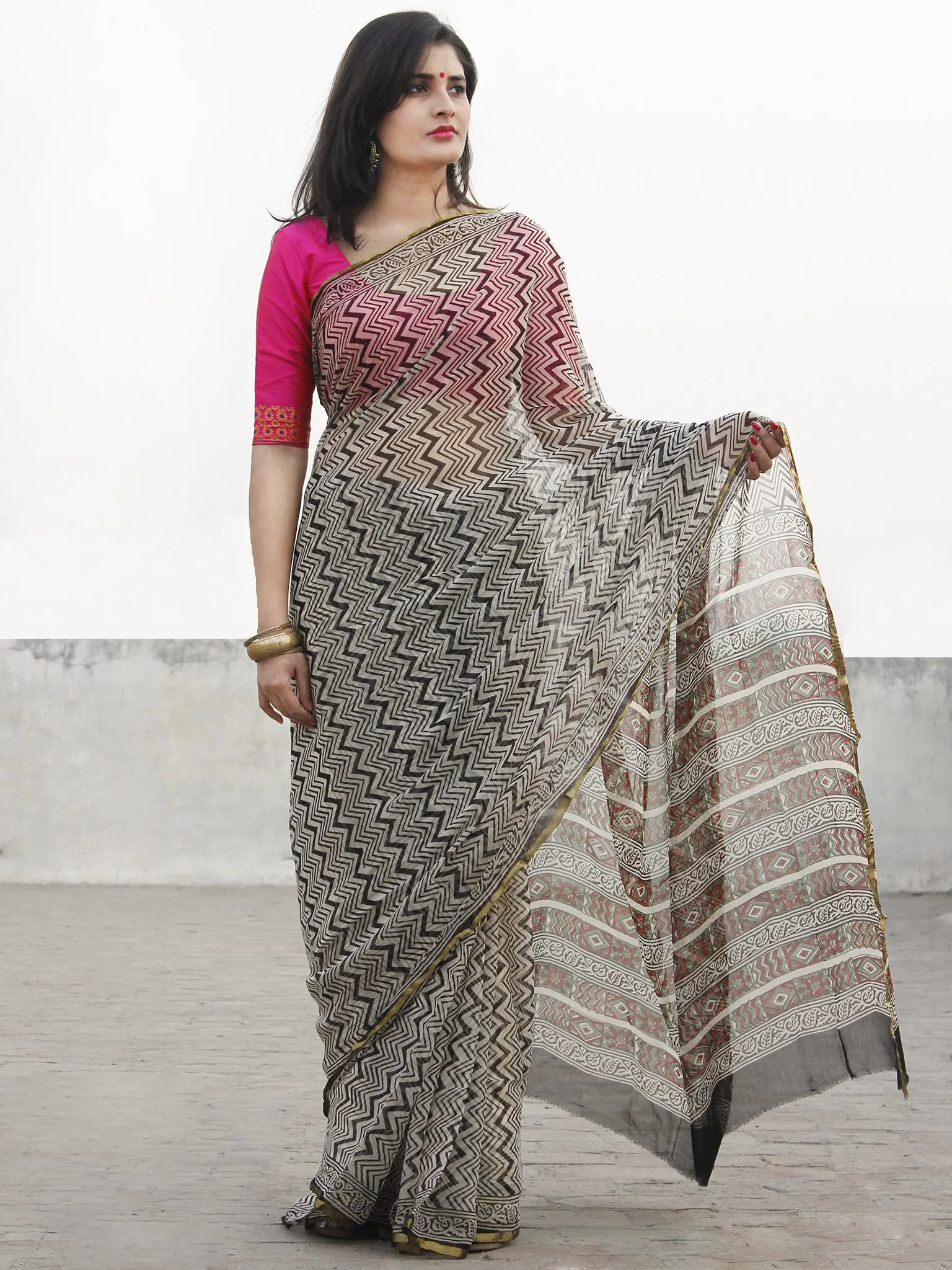 Beige Black Hand Block Printed Chiffon Saree With Zari Border- S031702577