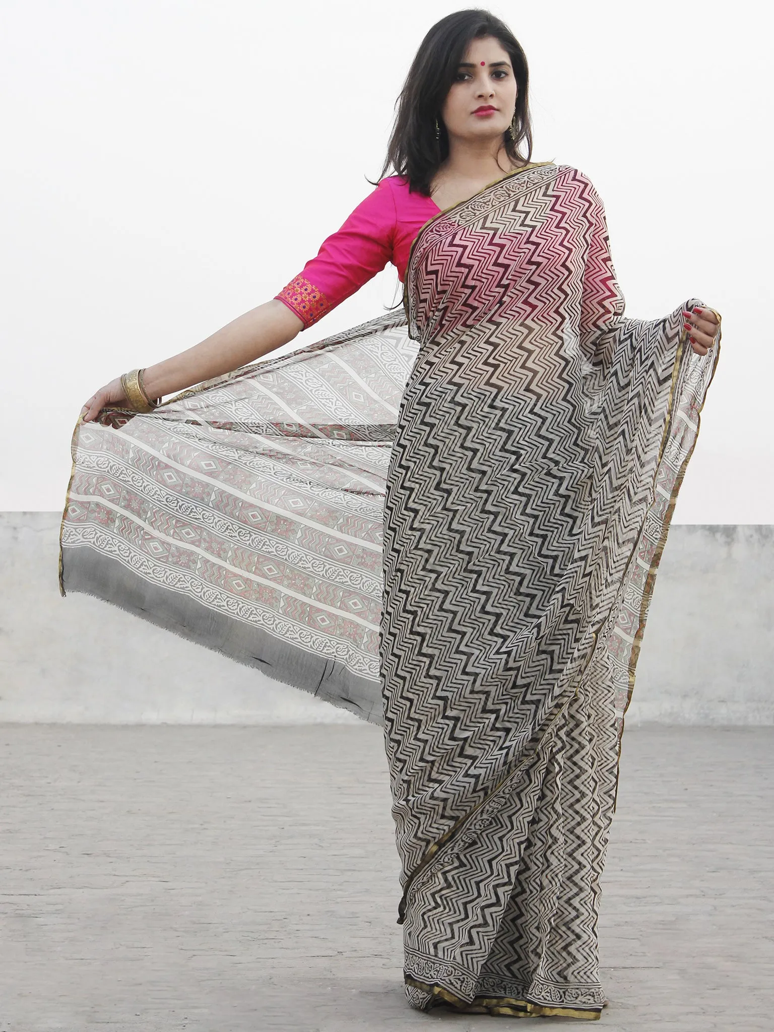 Beige Black Hand Block Printed Chiffon Saree With Zari Border- S031702577