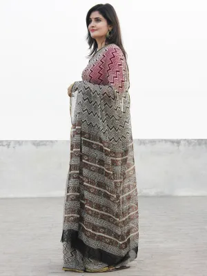 Beige Black Hand Block Printed Chiffon Saree With Zari Border- S031702577