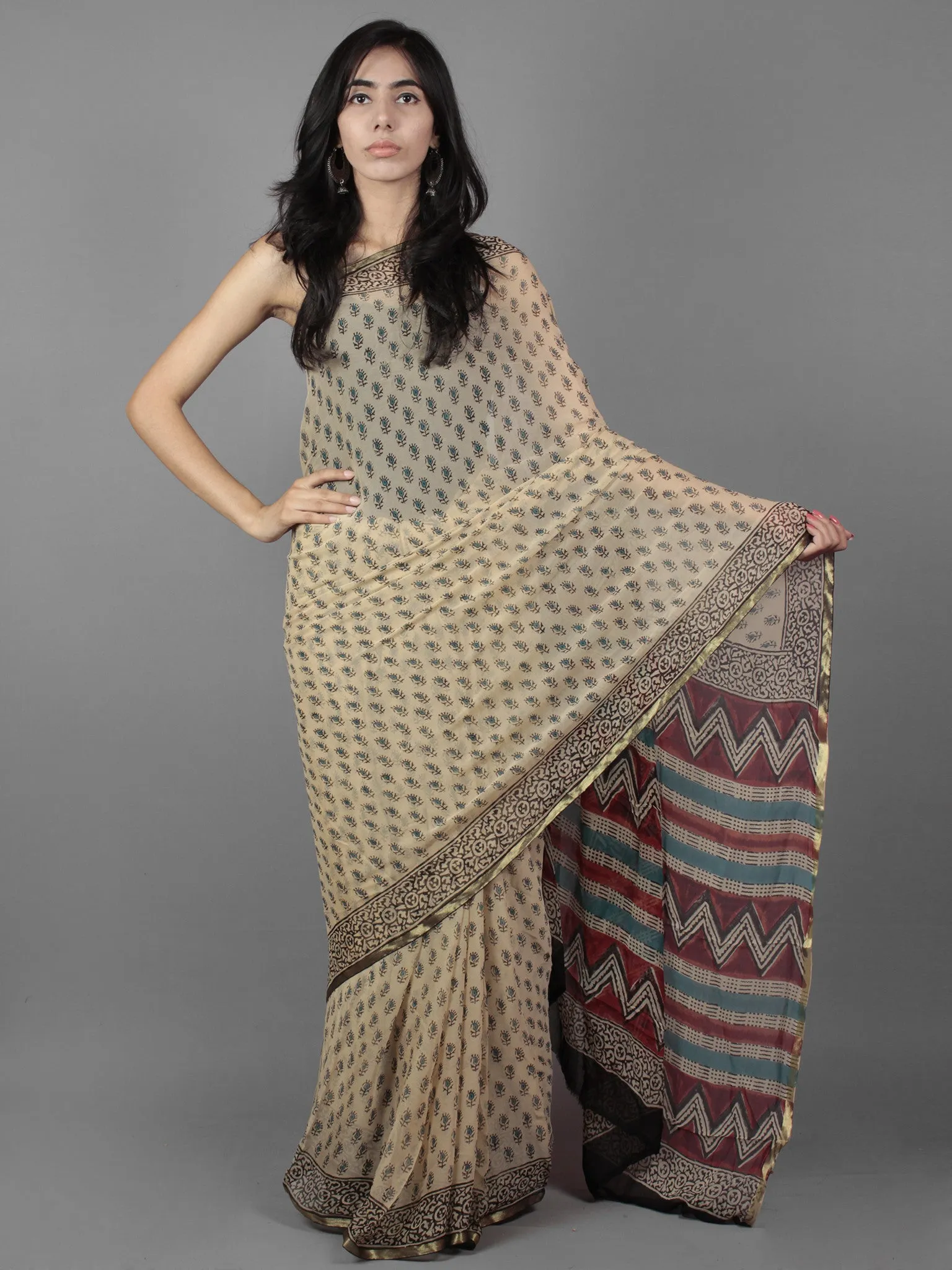 Beige Black Maroon Teal Blue Hand Block Printed Chiffon Saree - S031701890