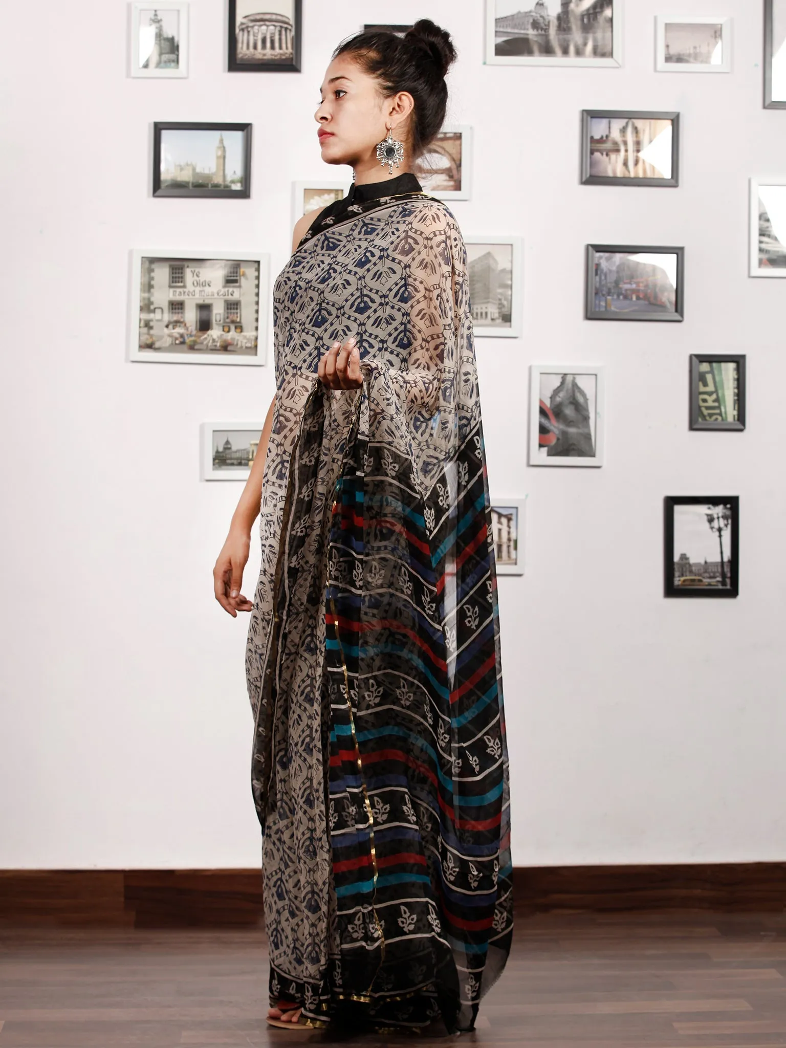 Beige Black Red Blue Hand Block Printed Chiffon Saree with Zari Border - S031703181