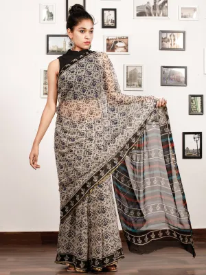 Beige Black Red Blue Hand Block Printed Chiffon Saree with Zari Border - S031703181