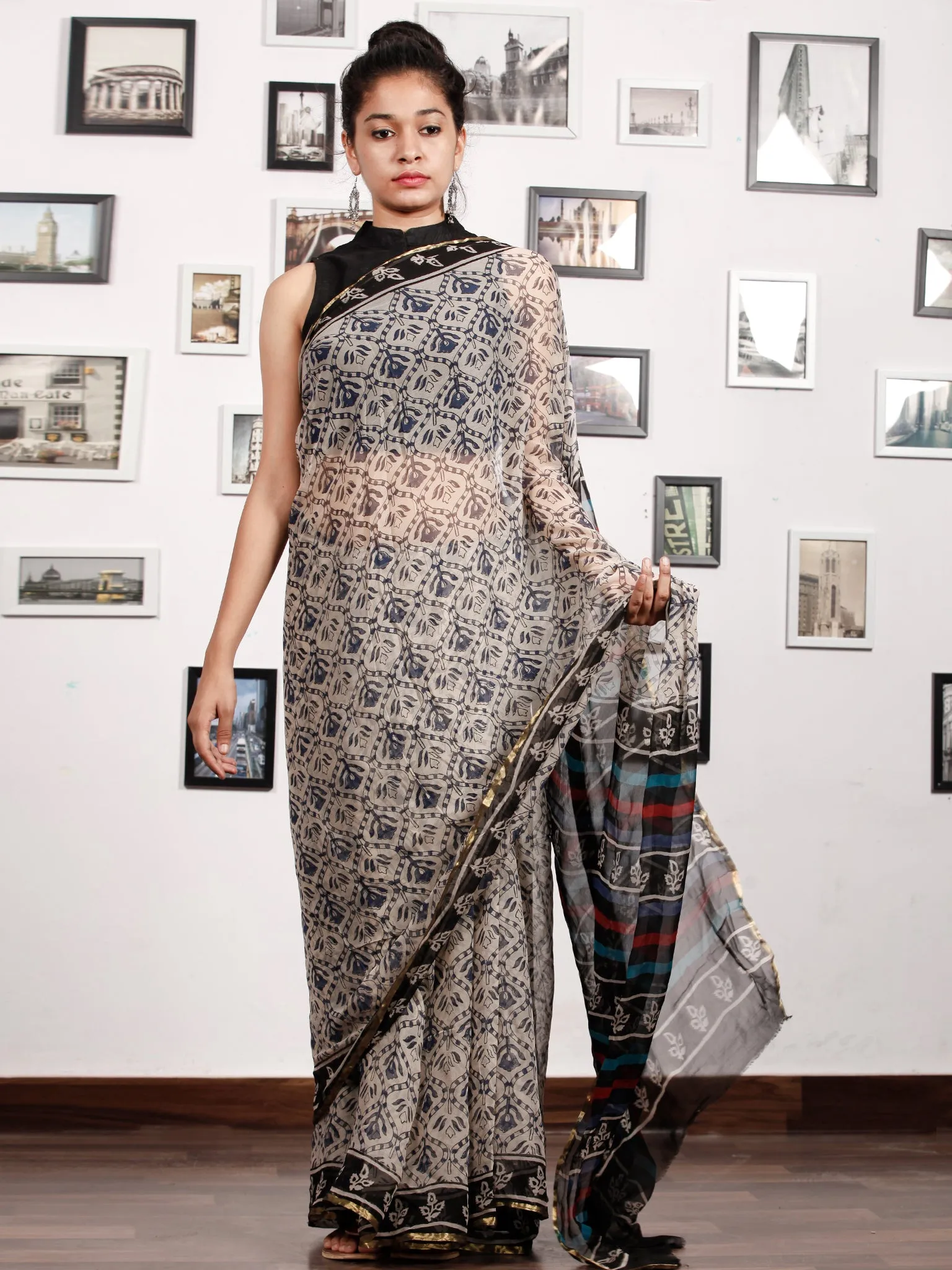 Beige Black Red Blue Hand Block Printed Chiffon Saree with Zari Border - S031703181