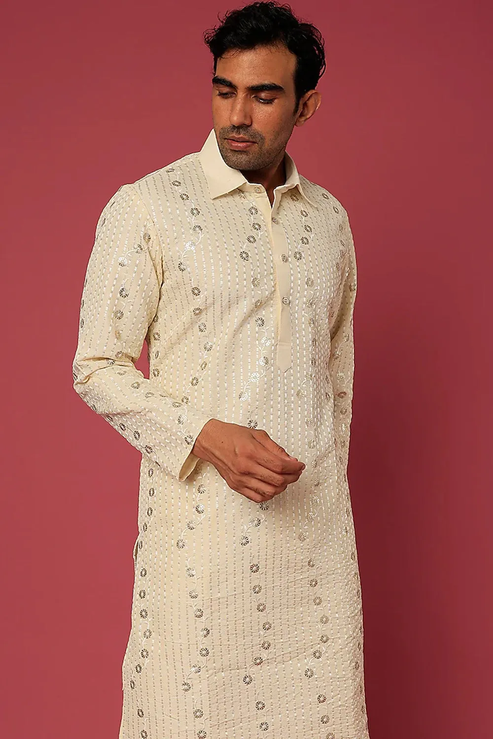 Beige Embroidery Shirt Collar Kurta Set