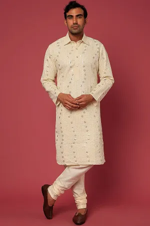 Beige Embroidery Shirt Collar Kurta Set