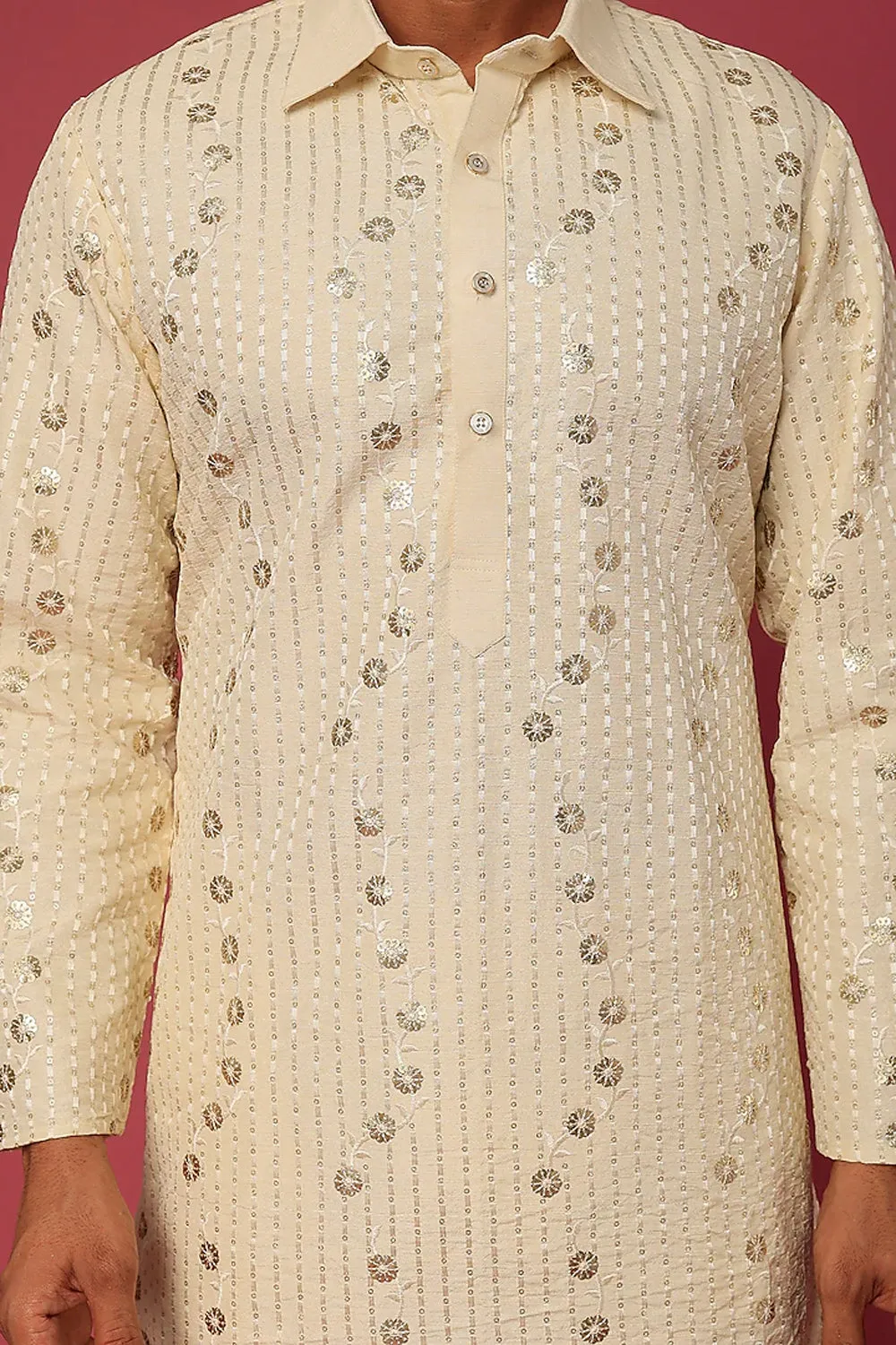 Beige Embroidery Shirt Collar Kurta Set