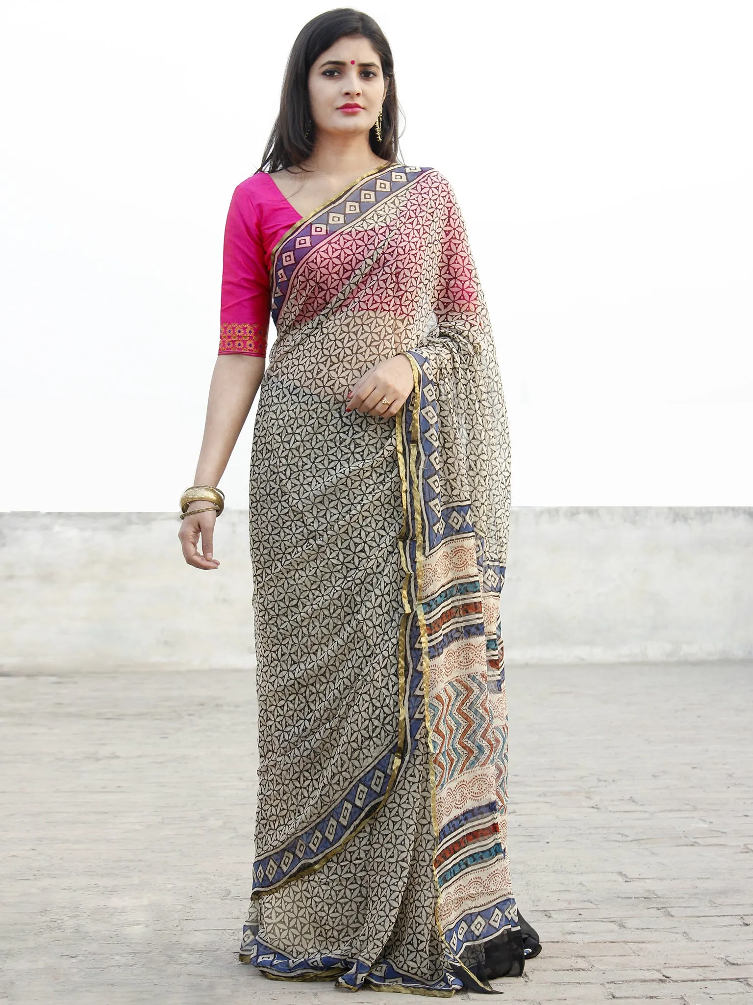 Beige Indigo Black  Hand Block Printed Chiffon Saree With Zari Border - S031702580