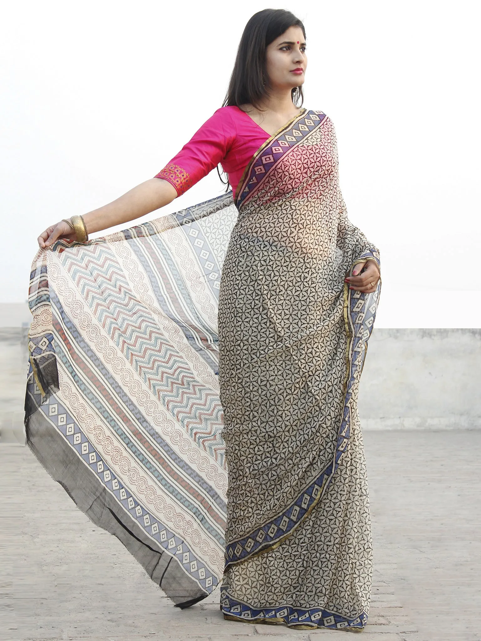 Beige Indigo Black  Hand Block Printed Chiffon Saree With Zari Border - S031702580