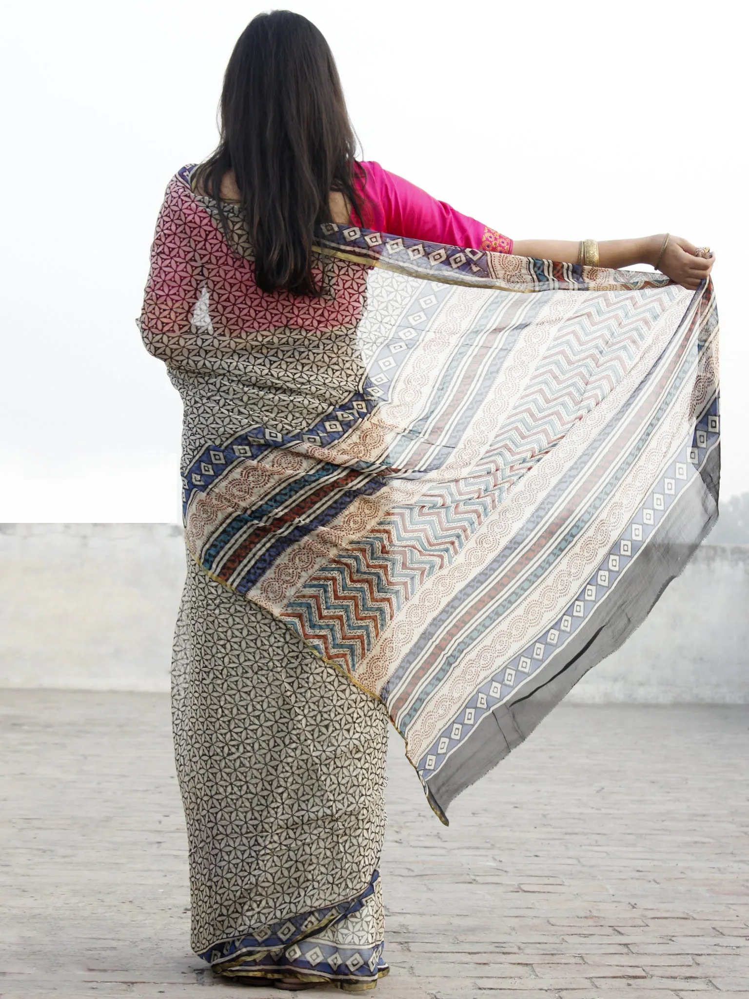 Beige Indigo Black  Hand Block Printed Chiffon Saree With Zari Border - S031702580