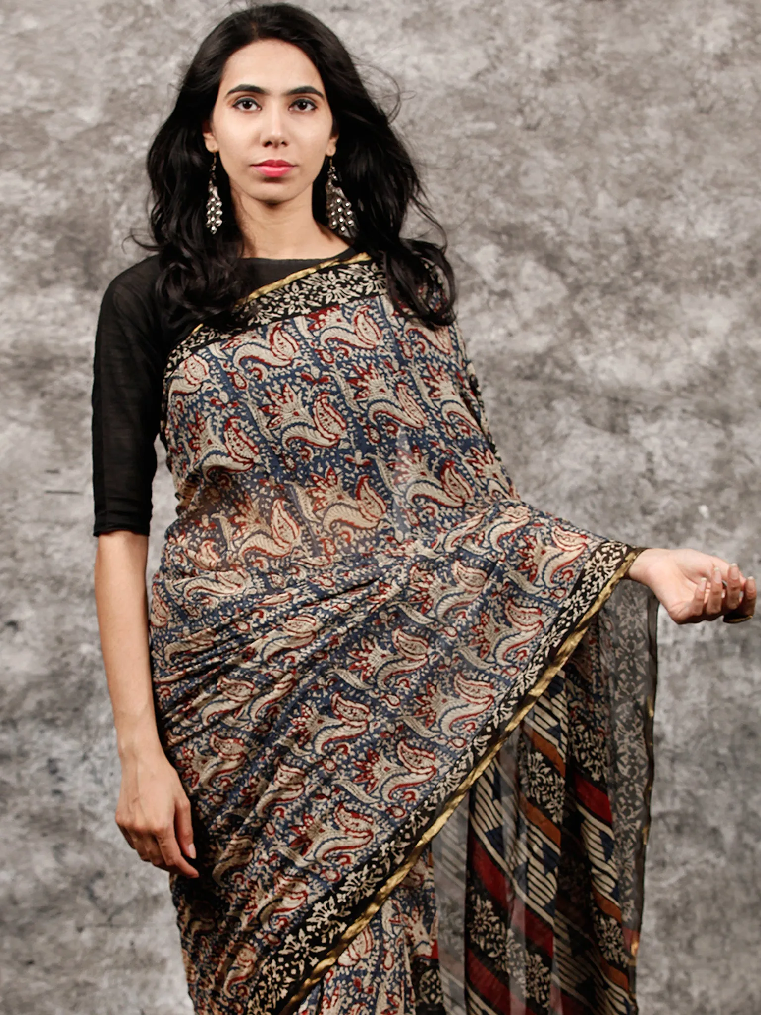 Beige Indigo Rust Black Hand Block Printed Chiffon Saree with Zari Border - S031703497