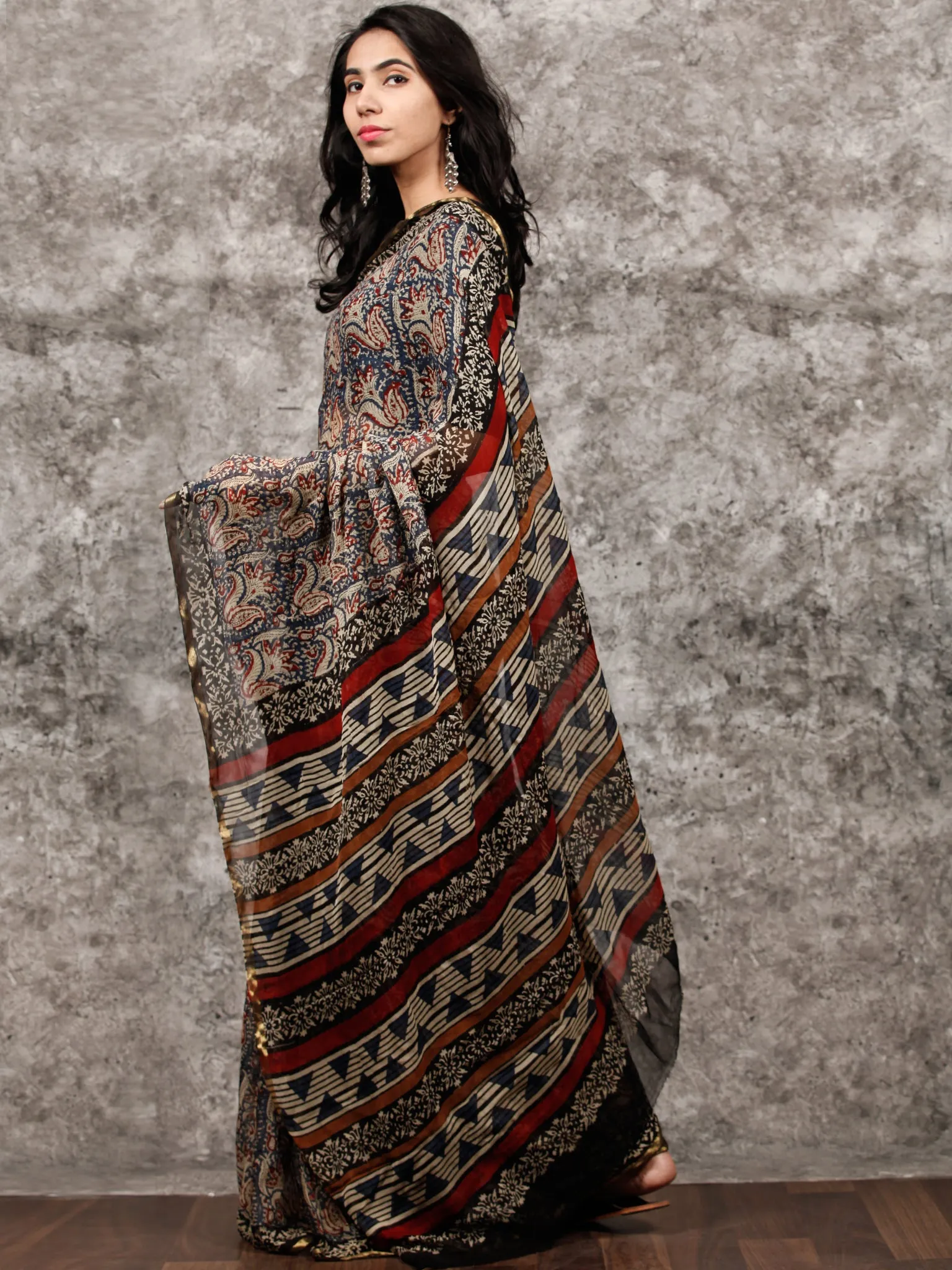 Beige Indigo Rust Black Hand Block Printed Chiffon Saree with Zari Border - S031703497