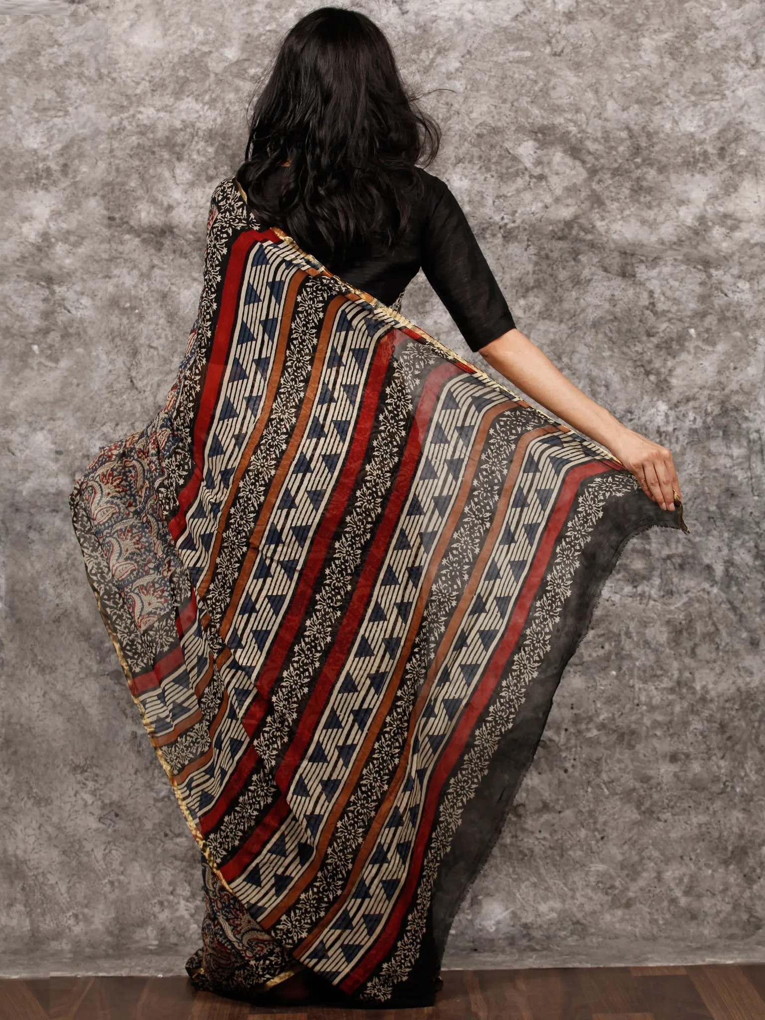 Beige Indigo Rust Black Hand Block Printed Chiffon Saree with Zari Border - S031703497